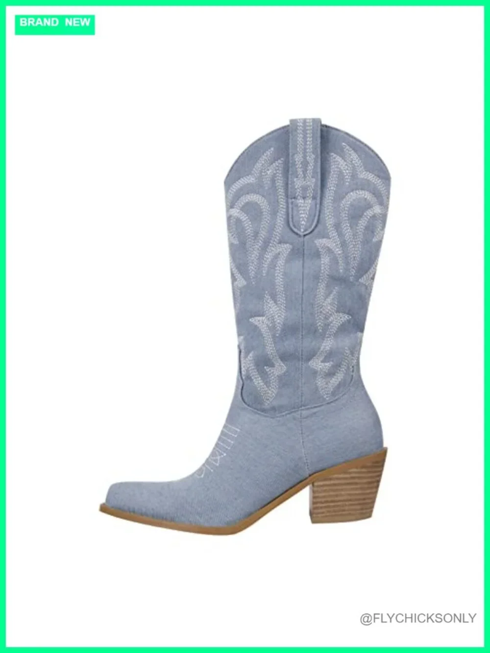 Embroidered Western Boots Pull On Tab Mid Calf Cowgirl Booties Distressed Heel